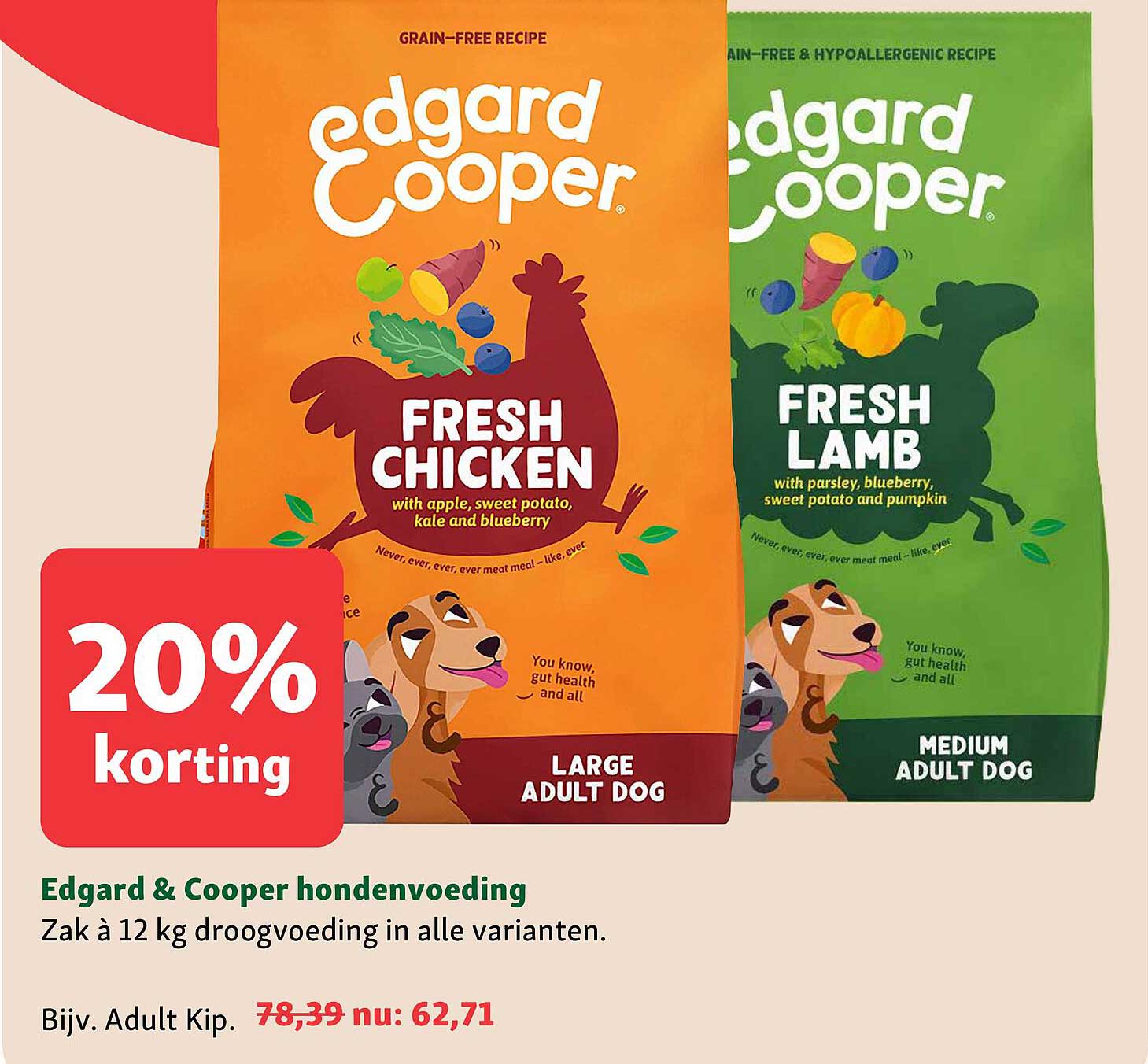 Edgard & Cooper hondenvoeding Zak à 12 kg droogvoeding in alle varianten. 20% korting