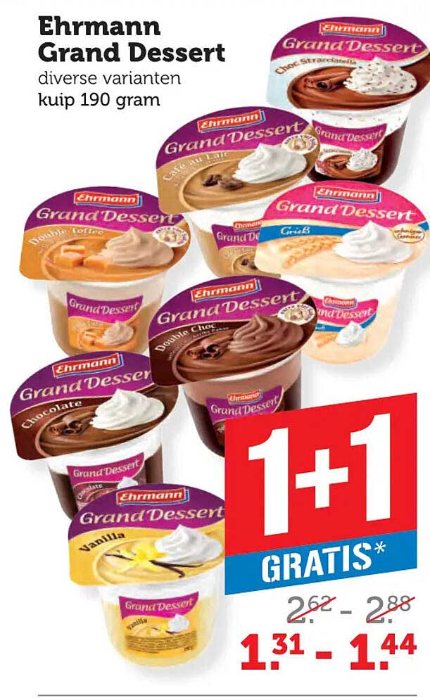 Ehrmann Grand Dessert diverse varianten kuip 190 gram 1+1 gratis