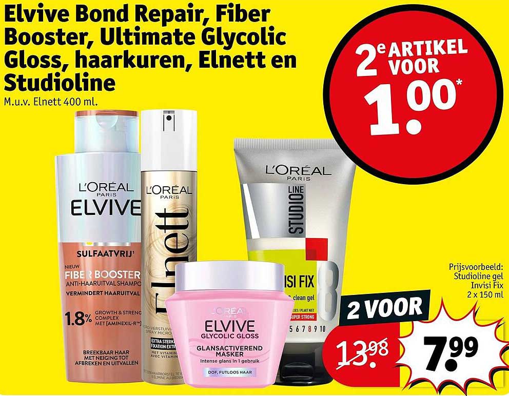 Elvive Bond Repair, Fiber Booster, Ultimate Glycolic Gloss, haar kuren, Elnett en Studioline 2e artikel voor 1.00