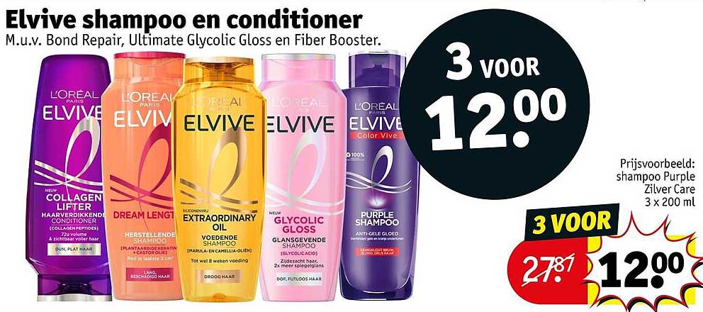 Elvive shampoo en conditioner m.u.v. Bond Repair, Ultimate Glycolic Gloss en Fiber Booster 3 voor 12.00