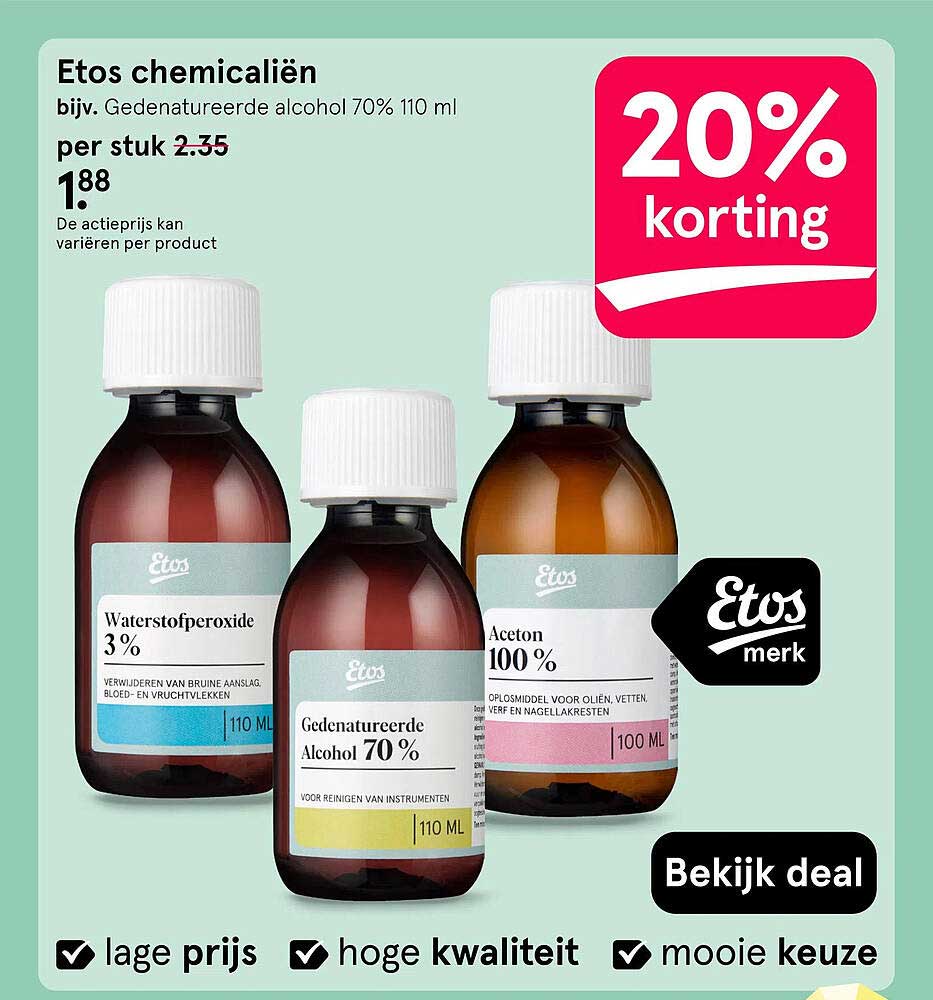 Etos chemicaliën bijv. Gedenatureerde alcohol 70% 110 ml 20% korting