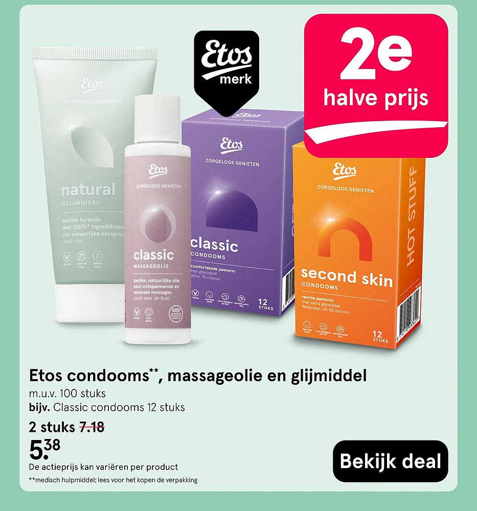 Etos condooms**, massageolie en glijmiddel 2e halve prijs