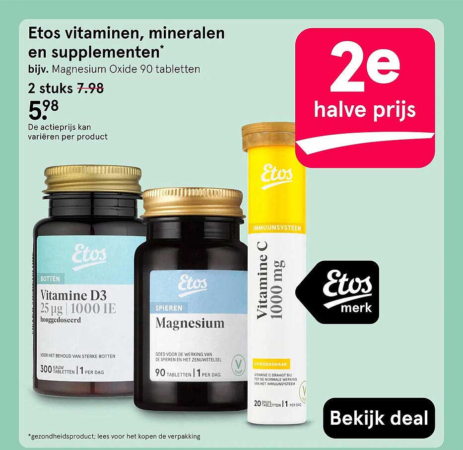 Etos vitaminen, mineralen en supplementen* 2e halve prijs