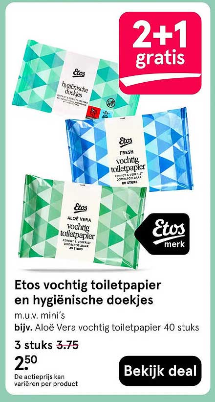 Etos vochtig toiletpapier en hygiënische doekjes 2+1 gratis