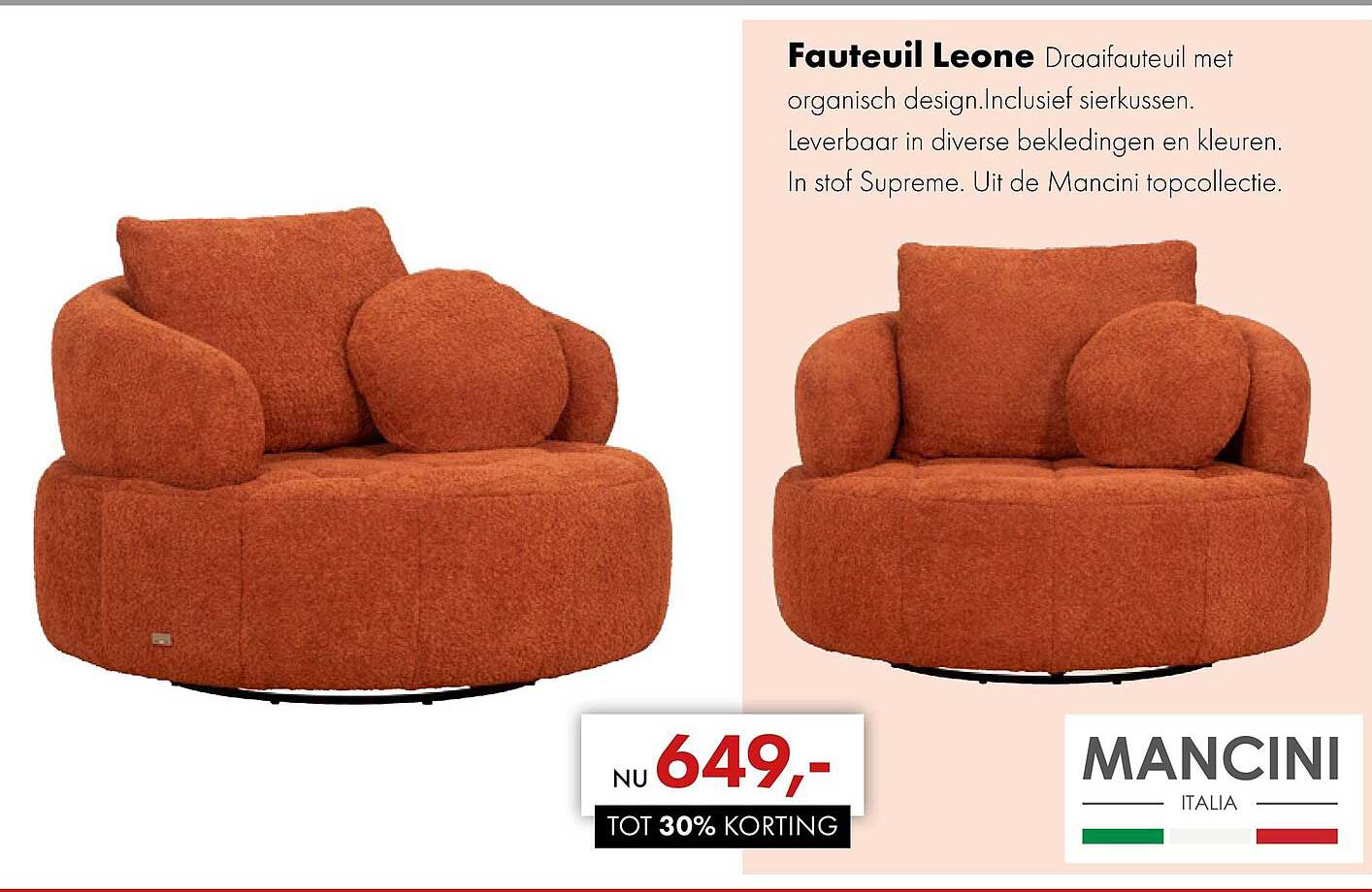 Fauteuil Leone Draaifauteuil met organisch design. Inclusief sierkussen. Leverbaar in diverse bekledingen en kleuren. In stof Supreme. Uit de Mancini topcollectie. TOT 30% KORTING