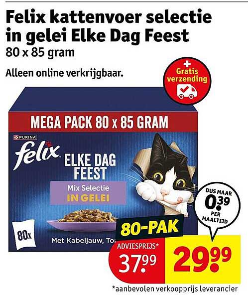 Felix kattenvoeder selectie in gelei Elke Dag Feest 80 x 85 gram