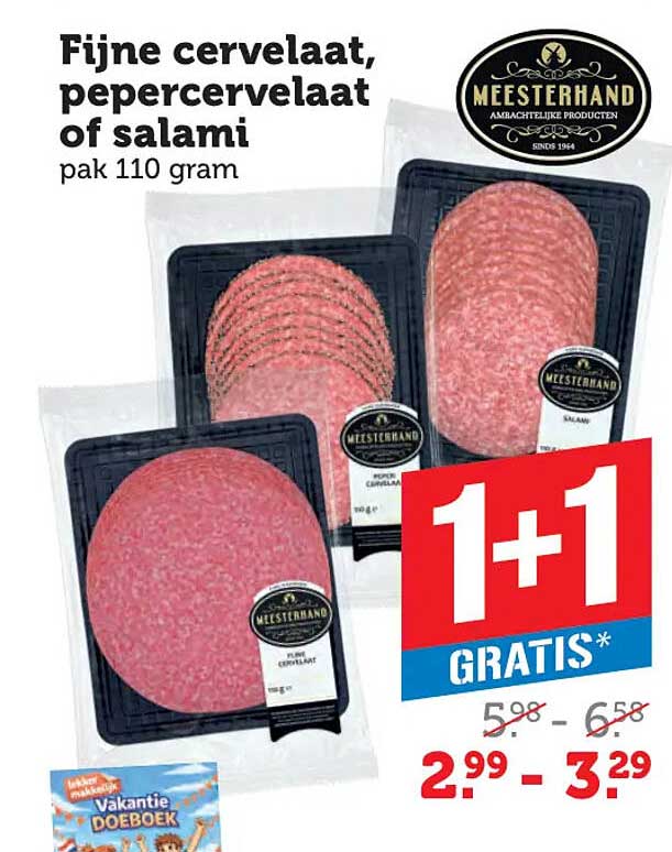 Fijne cervelaat, pepercervelaat of salami pak 110 gram 1+1 GRATIS*