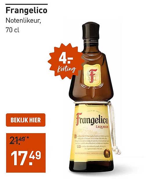 Frangelico Notenlikeur, 70 cl 4,- korting