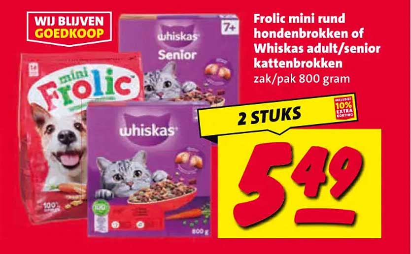 Frolic mini rund hondenbrokken of Whiskas adult/senior kattenbrokken zak/pak 800 gram 2 STUKS