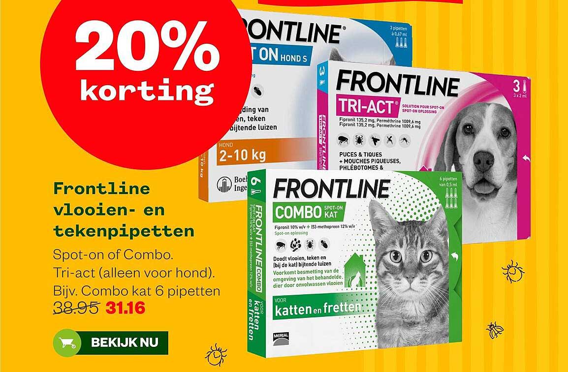 Frontline vlooien- en tekenpipetten 20% korting