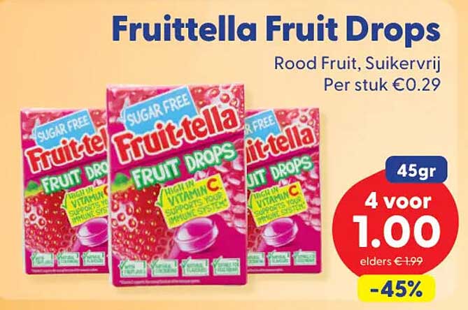 Fruittella Fruit Drops Rood Fruit, Suikervrij 4 voor 1.00