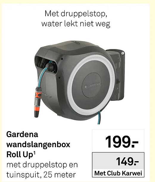 Gardena wandslangenbox Roll Up met druppelstop en tuinspuit, 25 meter