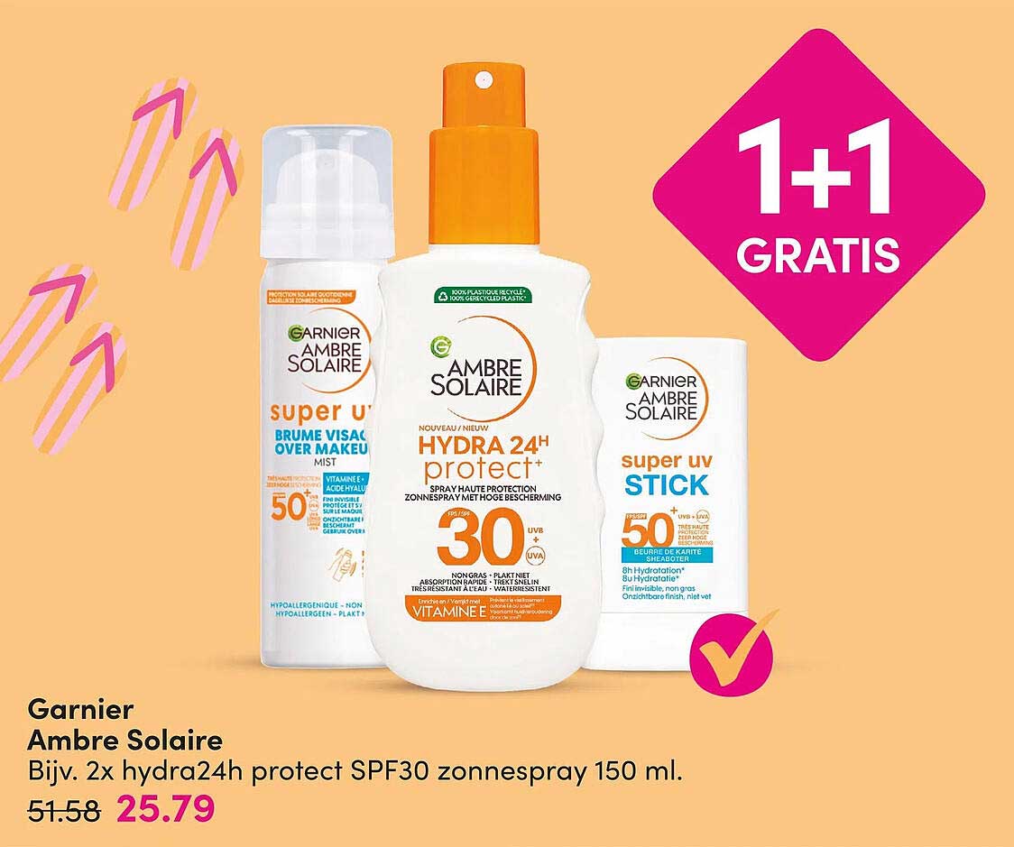 Garnier Ambre Solaire Bijv. 2x hydra24h protect SPF30 zonnespray 150 ml. 1+1 GRATIS