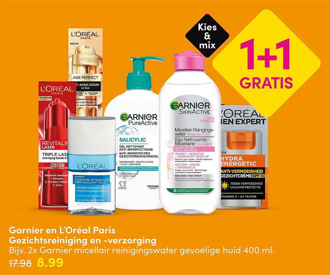 Garnier en L'Oréal Paris Gezichtsreiniging en -verzorging 1+1 gratis