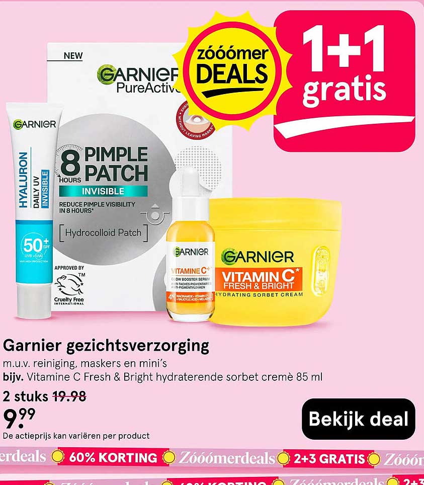 Garnier gezichtsverzorging 1+1 gratis