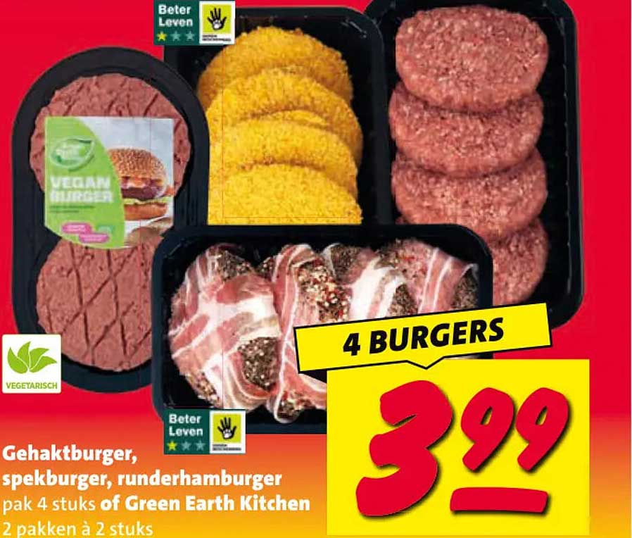 Gehaktburger, spekburger, runderhamburger pak 4 stuks of Green Earth Kitchen 2 pakken à 2 stuks 4 BURGERS