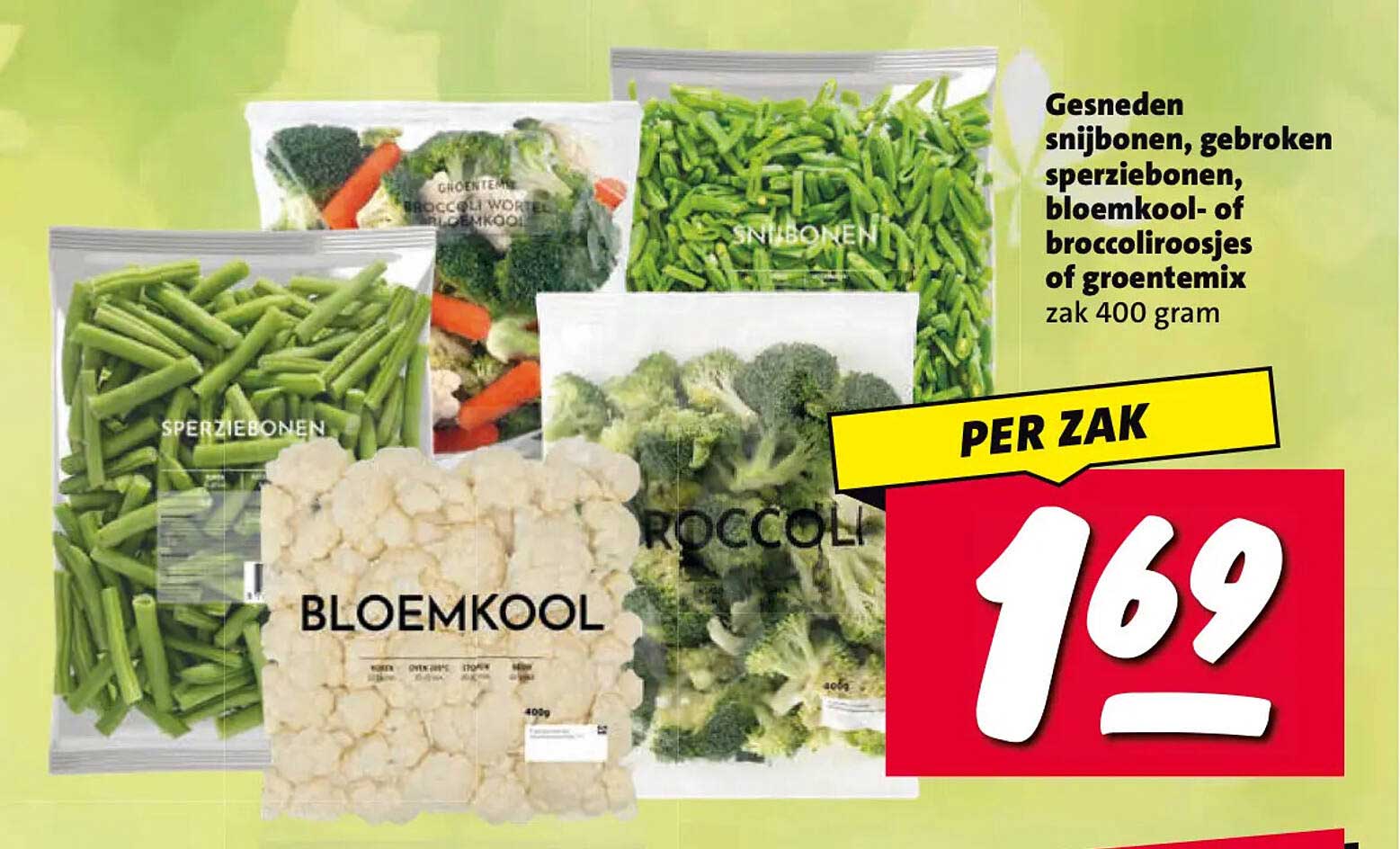 Gesneden snijbonen, gebroken sperziebonen, bloemkool- of broccoliroosjes of groentemix zak 400 gram