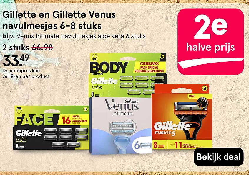 Gillette en Gillette Venus navulmesjes 6-8 stuks 2e halve prijs