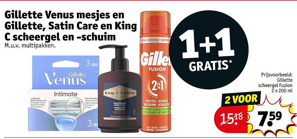 Gillette Venus mesjes en Gillette, Satin Care en King C scheergel en -schuim 1+1 GRATIS*