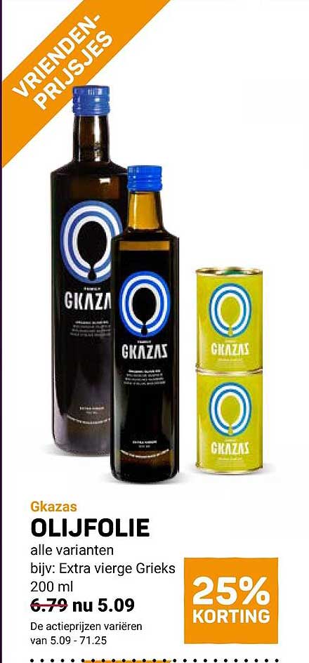 Gkazas OLIJFOLIE alle varianten bijz: Extra vierge Grieks 200 ml 25% KORTING