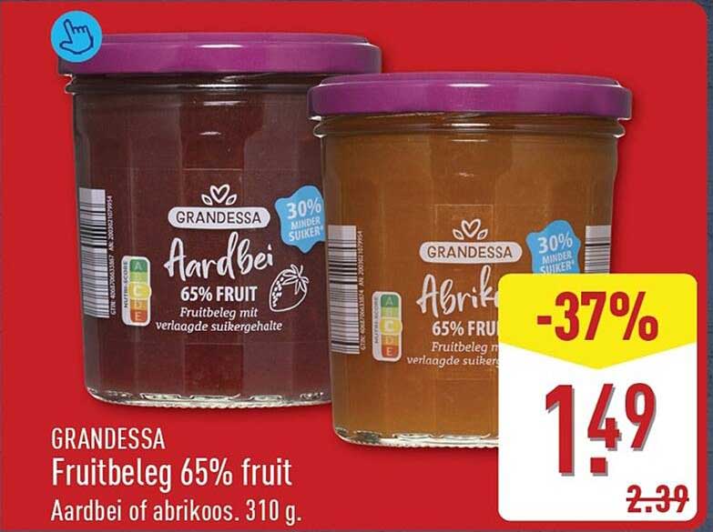 GRANDESSA Fruitbeleg 65% fruit Aardbei of abrikoos. 310 g.