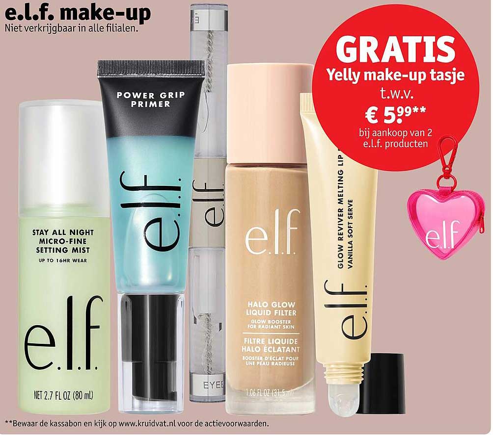 GRATIS Yelly make-up tasje t.w.v. € 5.99** bij aankoop van 2 e.l.f producten