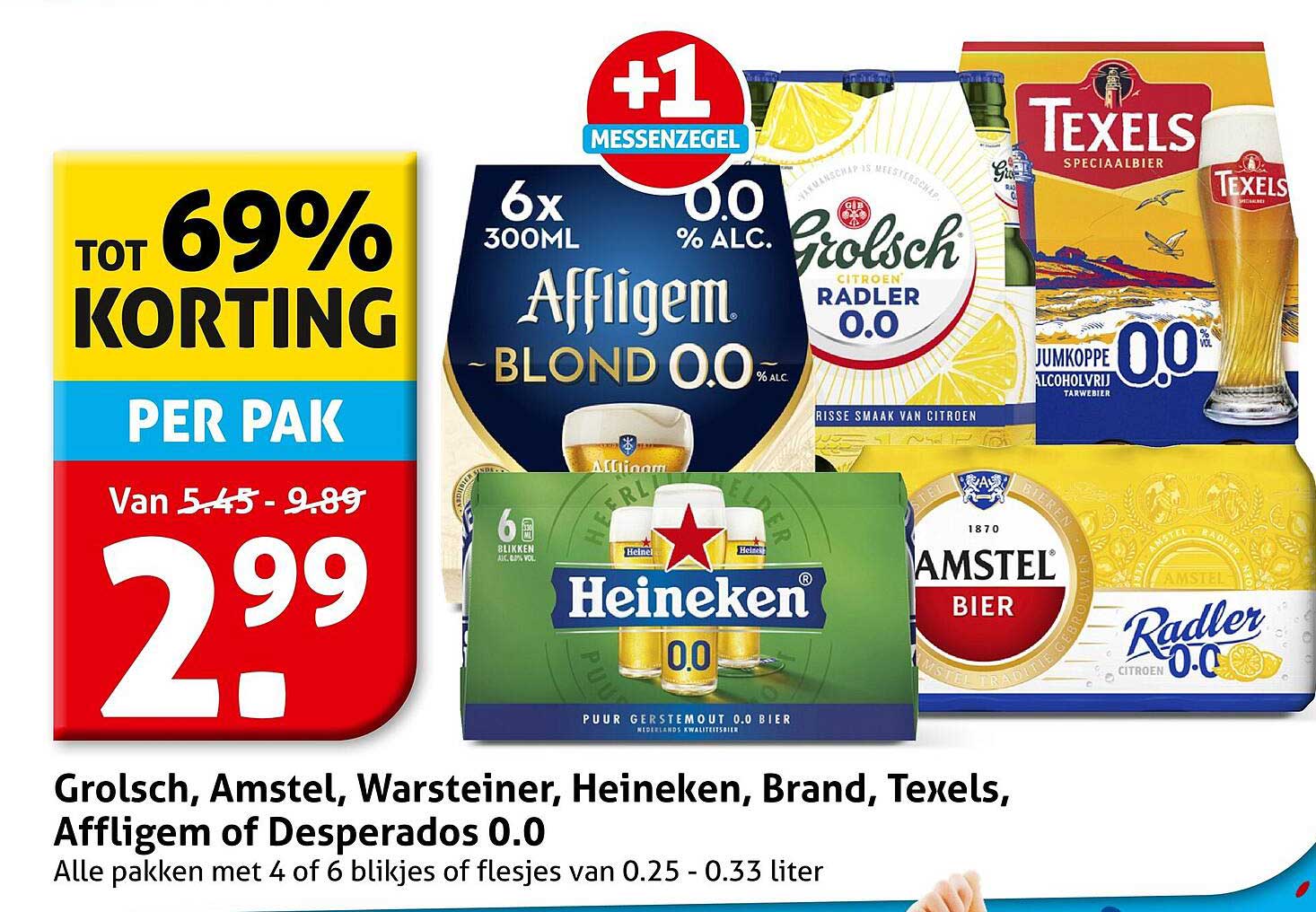 Grolsch, Amstel, Warsteiner, Heineken, Brand, Texels, Affligem of Desperados 0.0