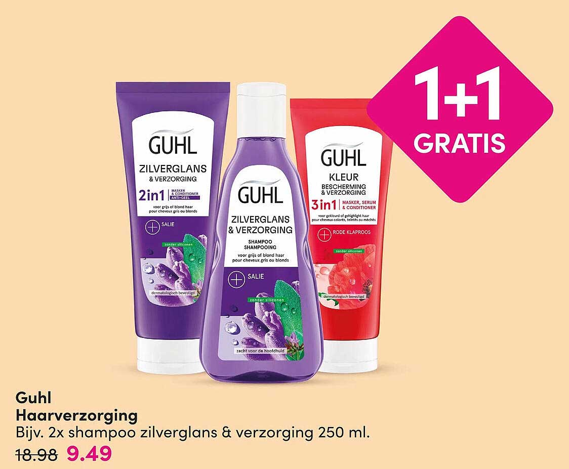 Guhl Haarverzorging Bijv. 2x shampoo zilverglans & verzorging 250 ml. 1+1 GRATIS