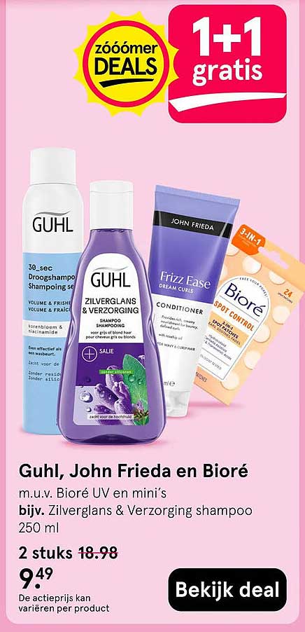 Guhl, John Frieda en Biore m.u.v. Biore UV en mini's bijv. Zilverglans & Verzorging shampoo 250 ml 2 stuks 18.98 1+1 gratis
