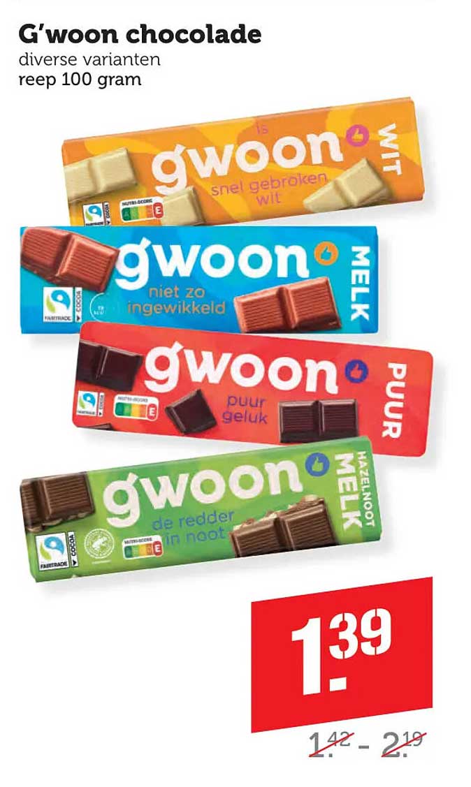 G'woon chocolade diverse varianten reep 100 gram