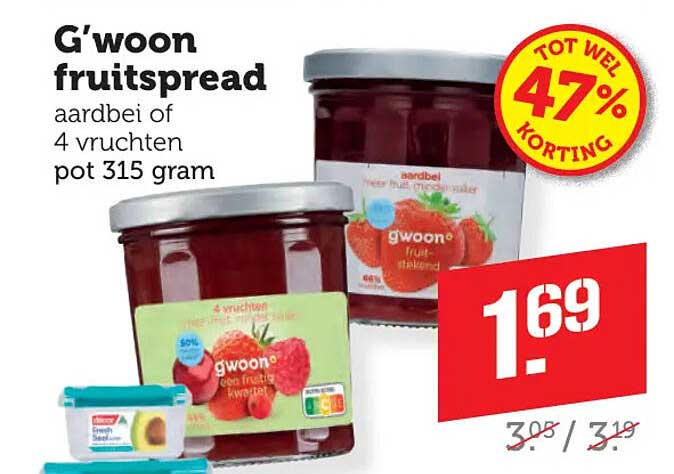 G'woon fruitspread aardbei of 4 vruchten pot 315 gram