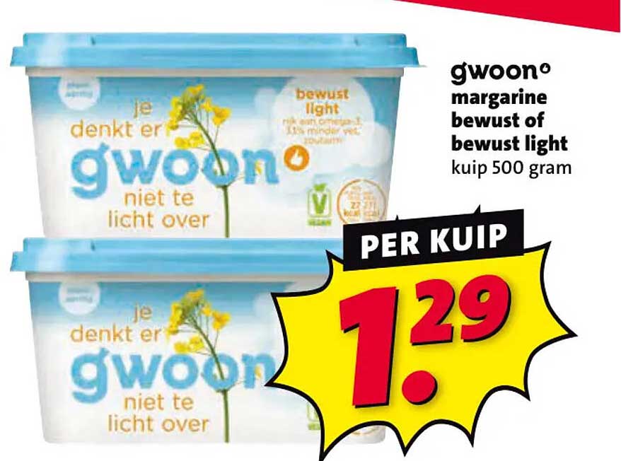 g'woon margarine bewust of bewust light kuip 500 gram PER KUIIP