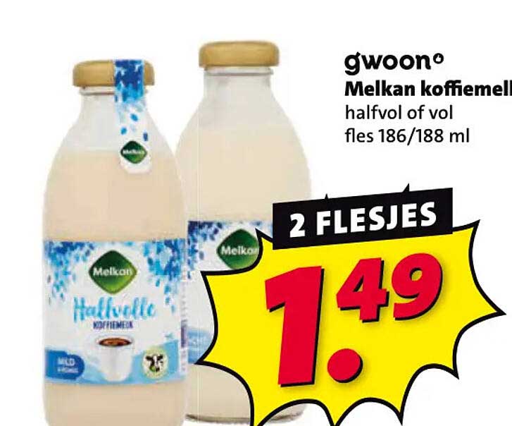 g'woon Melkan koffiemelk halfvol of vol fles 186/188 ml 2 FLESJES