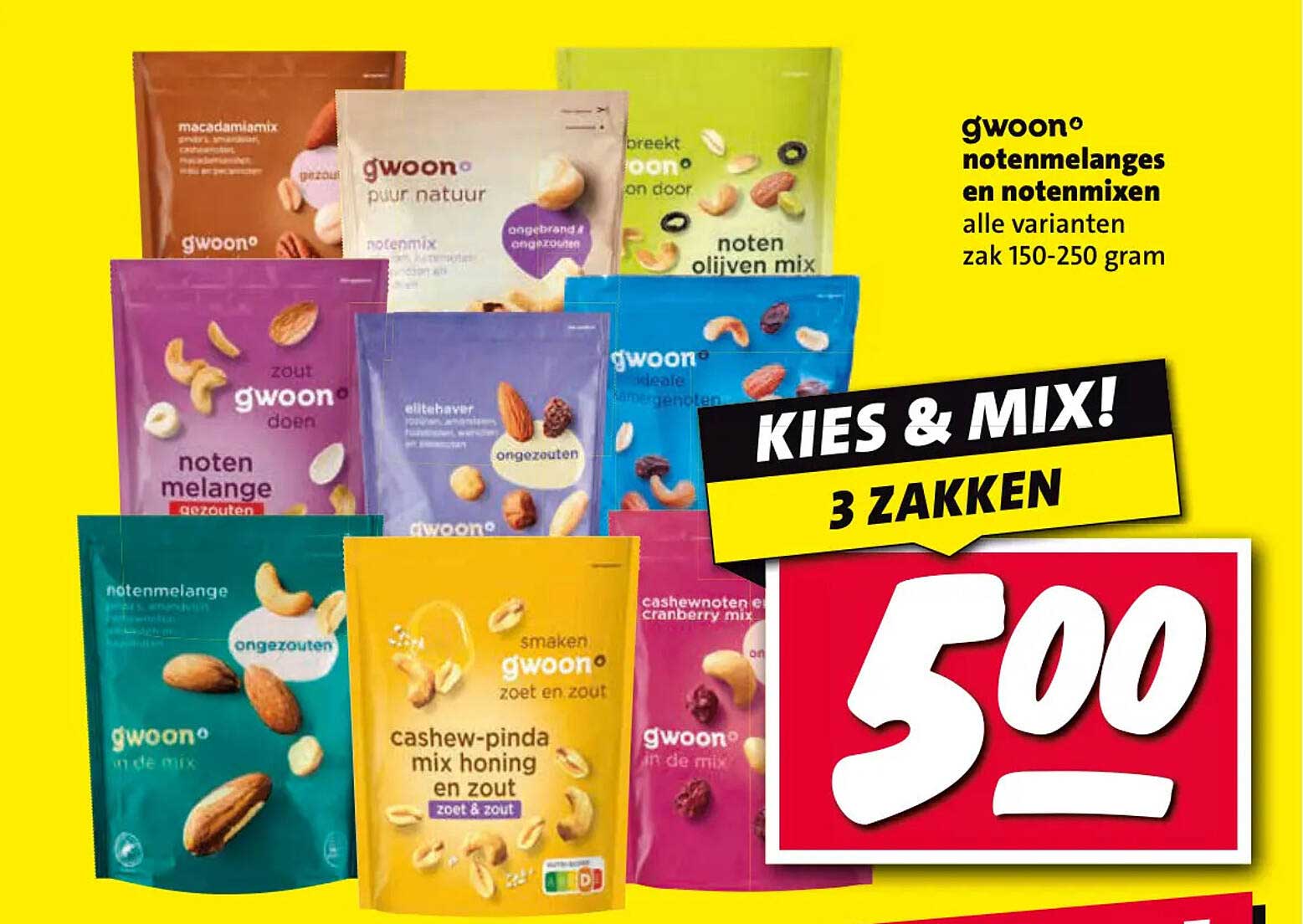 gwoon notenmeliges en notenmixen alle varianten zak 150-250 gram KIES & MIX! 3 ZAKKEN