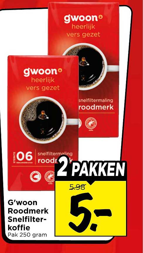 G'woon Roodmerk Snelfilter-koffie 2 pakken