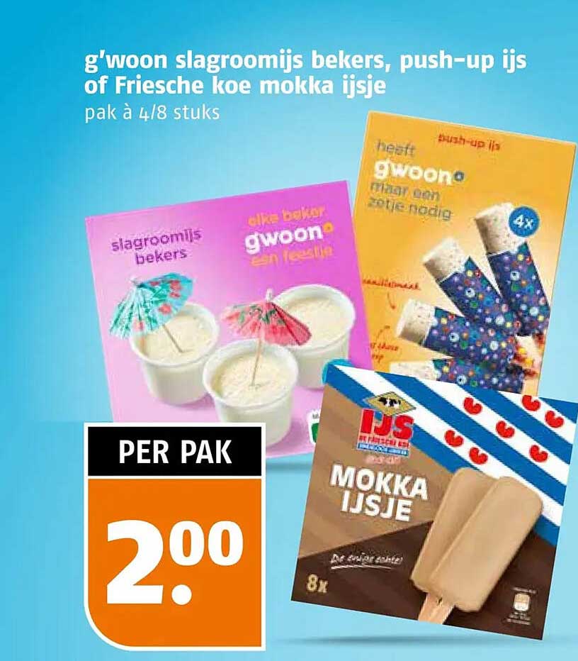 g'woon slagroomijs bekers, push-up ijs of Friesche koe mokka ijsje pak à 4/8 stuks