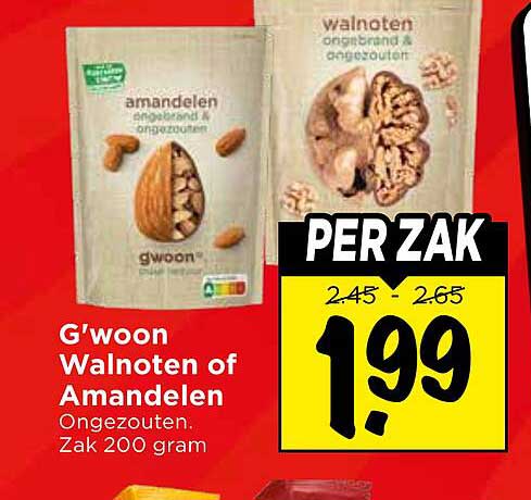 G'woon Walnoten of Amandelen Ongezouten. Zak 200 gram PER ZAK