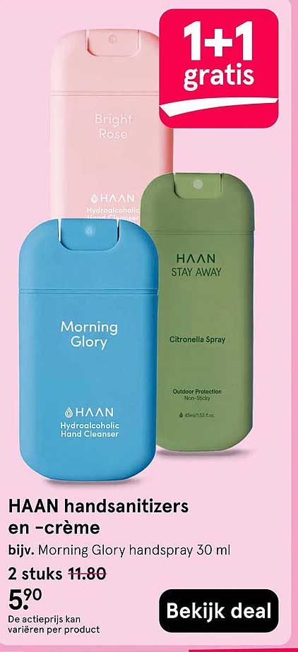 HAAN handsanitizers en -crème bijv. Morning Glory handspray 30 ml 1+1 gratis
