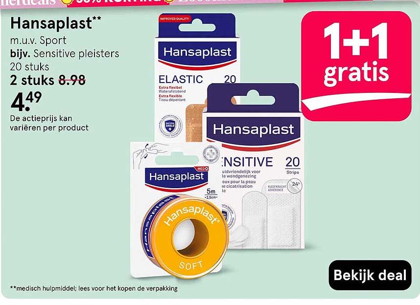 Hansaplast** m.u.v. Sport bijv. Sensitive pleisters 20 stuks 1+1 gratis