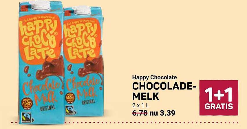 Happy Chocolate CHOCOLADE-MELK 2 x 1 L 1+1 GRATIS