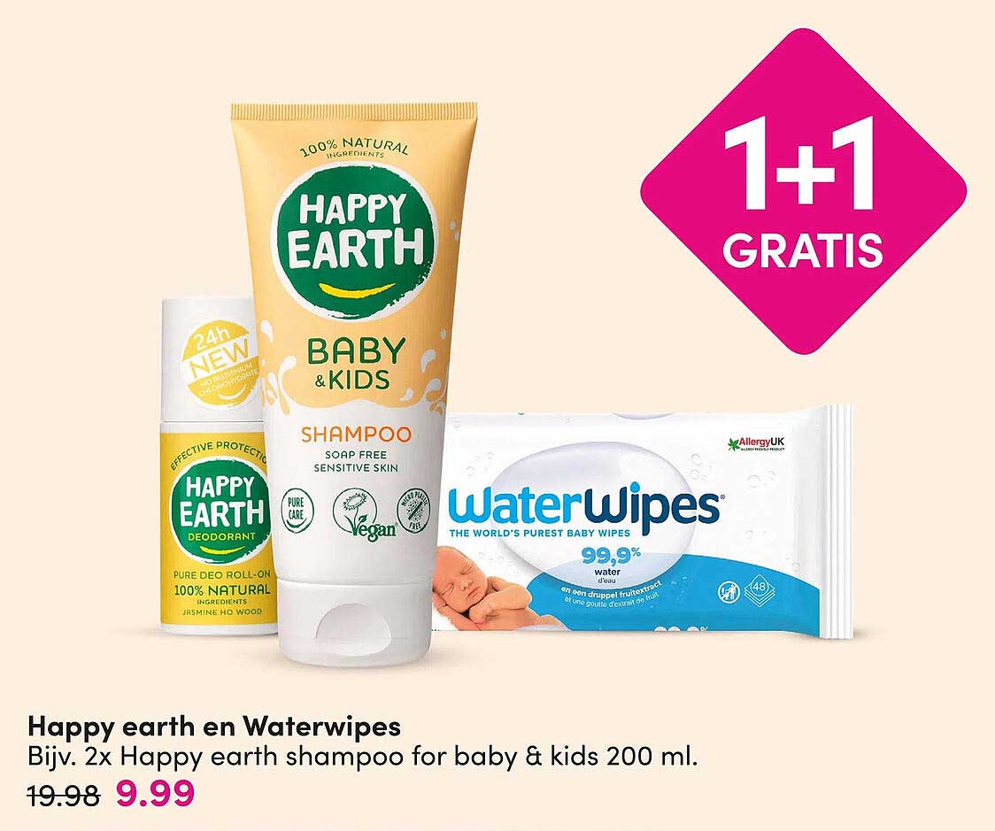 Happy earth en Waterwipes Bijv. 2x Happy earth shampoo for baby & kids 200 ml. 1+1 GRATIS