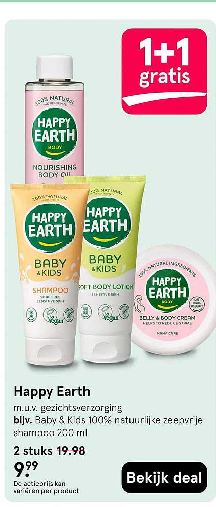 Happy Earth m.u.v. gezichtsverzorging bijv. Baby & Kids 100% natuurlijke zeepvrije shampoo 200 ml 1+1 gratis