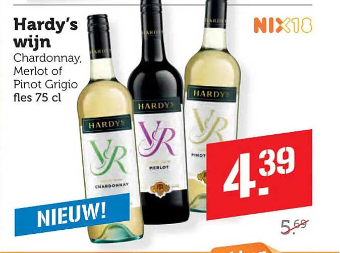 Hardy's wijn Chardonnay, Merlot of Pinot Grigio fles 75 cl NIX18