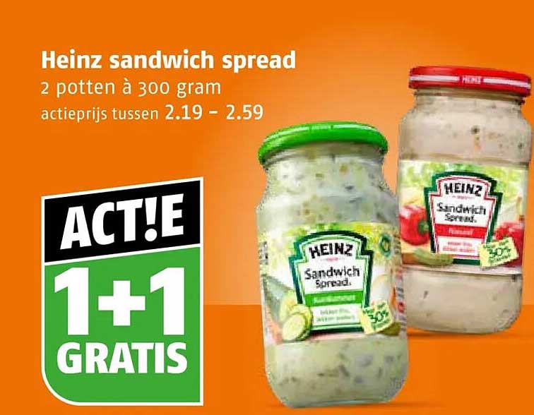 Heinz sandwich spread 2 potten à 300 gram ACT!E 1+1 GRATIS