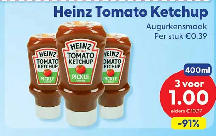 Heinz Tomato Ketchup Augurkensmaak 400ml 3 voor 1.00 -91%