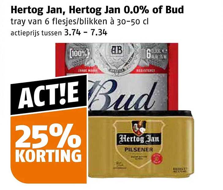 Hertog Jan, Hertog Jan 0.0% of Bud tray van 6 flesjes/blikken à 30-50 cl 25% KORTING