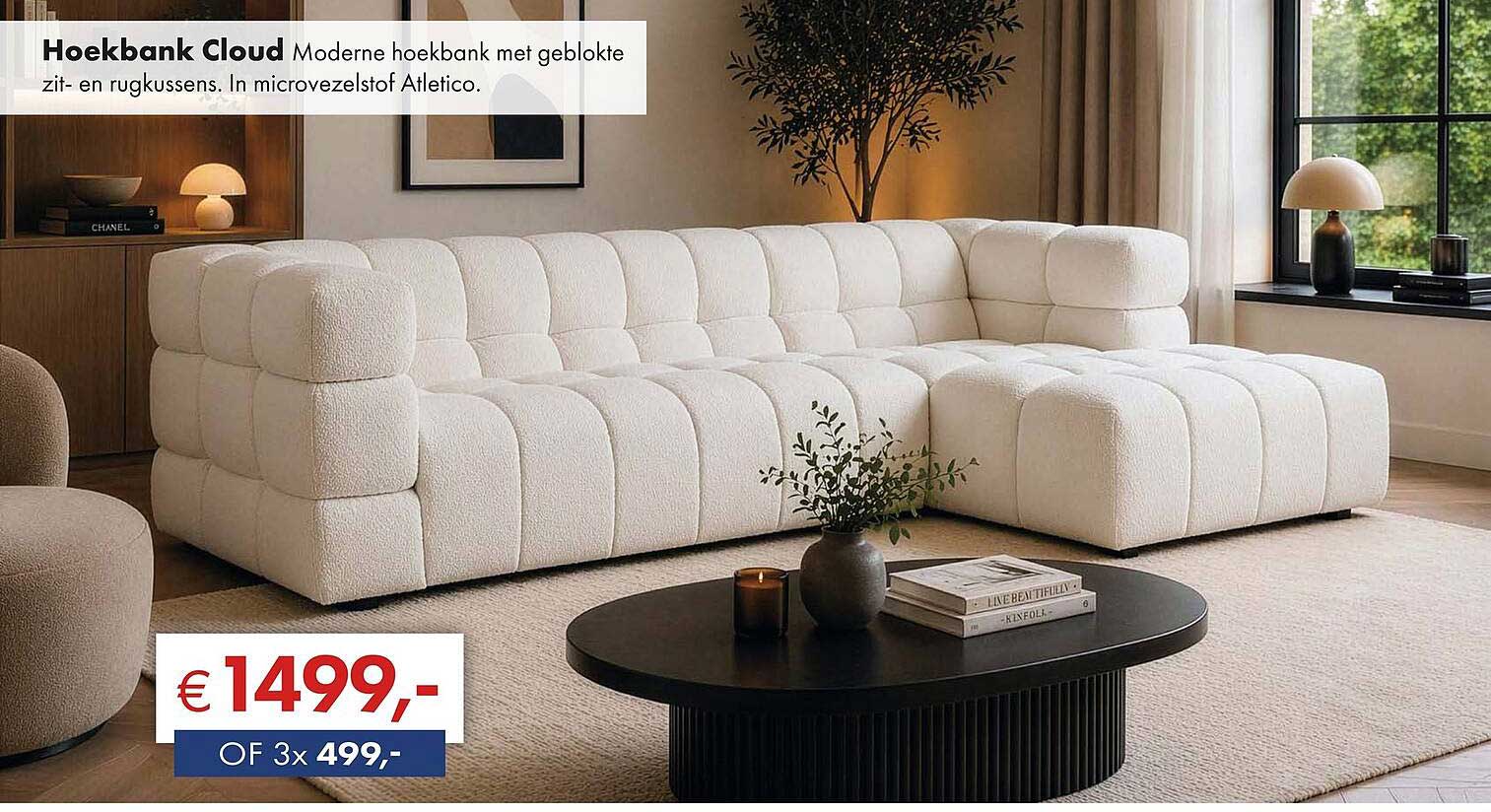 Hoekbank Cloud Moderne hoekbank met geblokte zit- en rugkussens. In microvezelstof Atletico.
