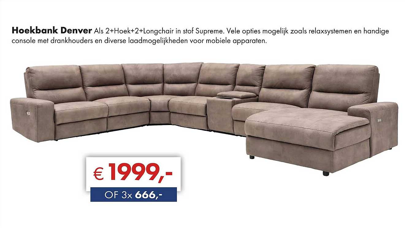 Hoekbank Denver Als 2+Hoek+2+Longchair in stof Supreme