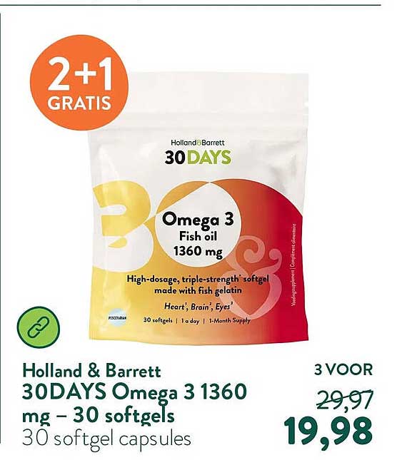 Holland & Barrett 30DAYS Omega 3 1360 mg – 30 softgels 2+1 GRATIS