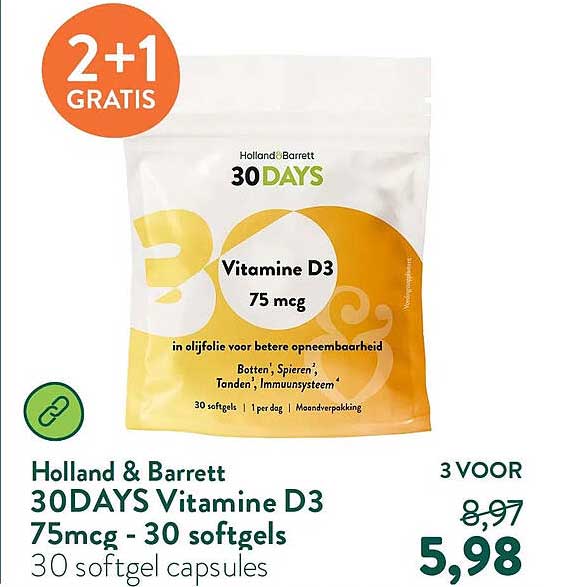Holland & Barrett 30DAYS Vitamine D3 75mcg - 30 softgels 2+1 GRATIS